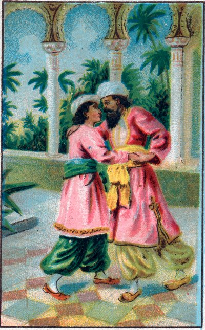 राजकुमार की वापसी। टेल "" मंत्रमुग्ध घोड़े का इतिहास "" "" द थाउज़ेंड एंड वन नाइट्स "" में (द १००१ नाइट्स या ले मिले ई उना नोट, अरेबियन नाइट्स)। 19 वीं शताब्दी के उत्तरार्ध की क्रोमोलिथोग्राफी। द्वारा अज्ञात कलाकार
