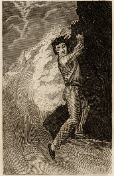 रॉबिन्सन क्रूसो का शिपव्रेक, डैनियल डेफो (1660-1731), संस्करण ला लाइब्रेरी डी'एजुकेशन, पेरिस 1838 द्वारा "द एडवेंचर्स ऑफ रॉबिन्सन क्रूसो" में डाला गया उत्कीर्णन। सेल्वा का संग्रह। द्वारा अज्ञात कलाकार