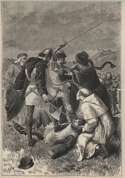 वाल्टर स्कॉट (1771-1832) द्वारा ऐतिहासिक उपन्यास "द प्रिटी गर्ल ऑफ पर्थ या वेलेंटाइन डे (या द फेयर मेड ऑफ पर्थ) के लिए रोथसे द्वारा निंदा की गई निंदा - 19 वीं शताब्दी का चित्रण। द्वारा अज्ञात कलाकार