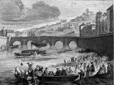 15/07/1788 को ल्यों में साओन के पानी में पहली बार नौकायन करते हुए मार्क्विस जौफ़रॉय डी'अब्बान्स (1751 - 1832) की स्टीमबोट। 19वीं सदी की नक्काशी। द्वारा अज्ञात कलाकार