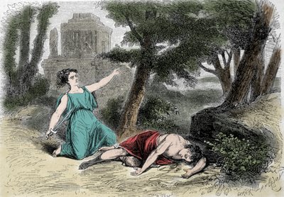 मूरियर के तहत पिरामस (पिराम) की आत्महत्या और थिस्बे की मौत। यह मानते हुए कि शेरनी ने थिस्बे को खा लिया था, पिरामस ने खुद को मौत के घाट उतार दिया और अपने खून से सफेद मोरों को ढँक दिया। यह, शेर से बचने के लिए छिपकर, अपने प्यार को मरा हुआ और आत्महत्या पाता है द्वारा अज्ञात कलाकार