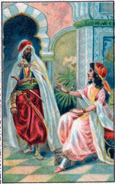 सुल्तान और राजकुमारी। टेल "" मंत्रमुग्ध घोड़े का इतिहास "" "" थाउजेंड एंड वन नाइट्स "" (द १००१ नाइट्स या ले मिले ई उना नोट, अरेबियन नाइट्स)। 19 वीं शताब्दी के उत्तरार्ध की क्रोमोलिथोग्राफी। द्वारा अज्ञात कलाकार