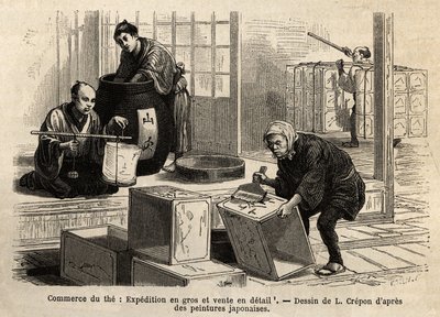 चाय का व्यापार: थोक और खुदरा शिपिंग। 1863-1864 में स्विस परिसंघ के मंत्री एमे हम्बर्ट द्वारा जापान की यात्रा को चित्रित करने के लिए उत्कीर्णन, "ले टूर डू मोंडे" "1869 में प्रकाशित, एडौर्ड चार्टन द्वारा संपादित, संस्करण हैचेट, पार द्वारा अज्ञात कलाकार