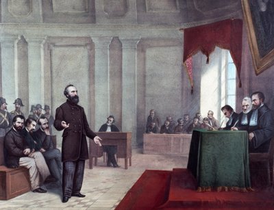 नेपोलियन III पर 14 जनवरी 1858 के हमले को अंजाम देने वाले फेलिस ओरसिनी (1819 - 1858) का मुकदमा। 19 वीं शताब्दी के अंत से लिथोग्राफ। मिलान निजी संग्रह | © लुइसा रिकियारिनी / लीमेज द्वारा अज्ञात कलाकार