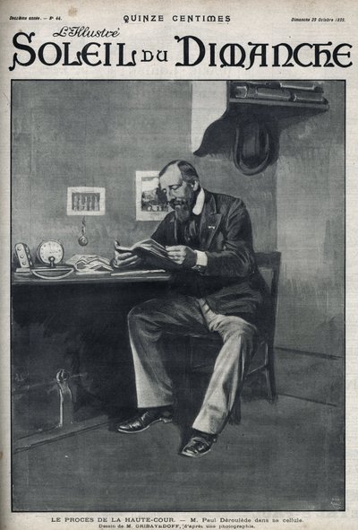 उच्च न्यायालय का परीक्षण: मिस्टर पॉल डेरौलेडे (1846-1914), एक फ्रांसीसी लेखक और राष्ट्रवादी कार्यकर्ता, जो 23 फरवरी को तख्तापलट के प्रयास के बाद अपने कक्ष में, एंटी-ड्रेफ्यूजिज्म में एक महत्वपूर्ण अभिनेता हैं। "" ले सन-डु-डिमांचे" में उत्कीर द्वारा अज्ञात कलाकार