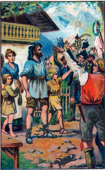 गिलौम टेल (विलियम टेल) (स्विस स्वतंत्रता के महान नायक) 19वीं सदी के अंत की क्रोमोलिथोग्राफी को संघी की श्रद्धांजलि। द्वारा अज्ञात कलाकार