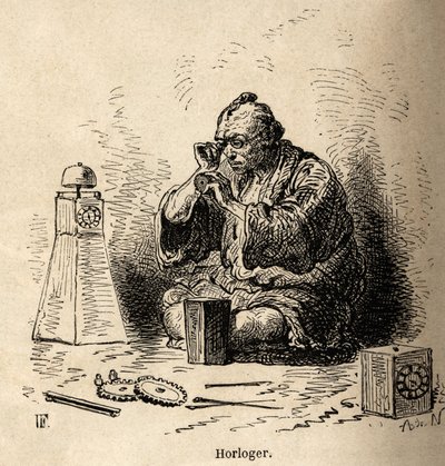 घड़ीसाज़ और धूपघड़ी बनाने वाला, अपनी कार्यशाला में, एक छोटी आँवले के सामने बैठकर, उसके उपकरण उसके चारों ओर फर्श पर बिखरे हुए हैं। 1863-1864 में स्विस परिसंघ के मंत्री एमे हम्बर्ट द्वारा जापान की यात्रा को चित्रित करने के लिए उत्कीर्णन, पृष्ठ द्वारा अज्ञात कलाकार