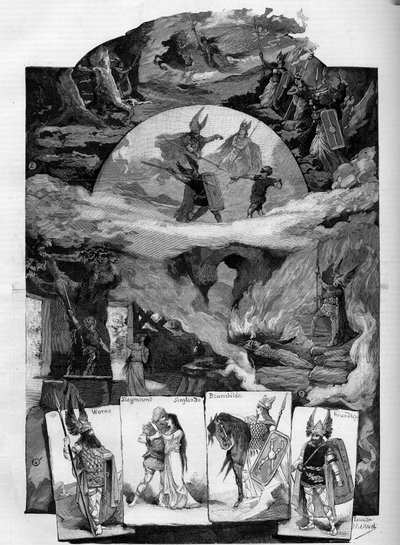थिएटर पीस "" डाई वॉक्योर "" (द वॉकीरी), रिचर्ड वैगनर का नाटक (1813-1883) ब्रुसेल्स में थिएटर डे ला मोनाई में प्रतिनिधित्व करता है। "" ले मोंडे शानदार "" में उत्कीर्णन द्वारा अज्ञात कलाकार