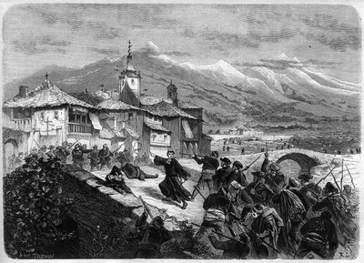 तीसरा कारलिस्ट युद्ध (1872-1876): स्पेन के नवरे में सरकारी सैनिकों और एक कारलिस्ट बैंड के बीच लड़ाई। "" ल 'विश्वविद्यालय शानदार" में उत्कीर्णन द्वारा अज्ञात कलाकार