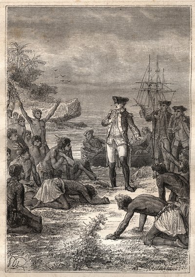 कप्तान जेम्स कुक (1728-1779) द्वारा तीसरी यात्रा (1776-1779): कुक का स्वागत मूल निवासी (हवाई) द्वारा किया जाता है - "18 वीं शताब्दी के महान नाविक" से लिया गया चित्रण। द्वारा अज्ञात कलाकार