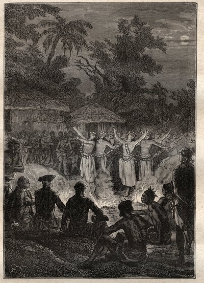 कैप्टन जेम्स कुक (1728-1779) द्वारा तीसरी यात्रा (1776-1779): फ्रेंड्स के द्वीपों पर एक दावत (टोंगा, पोलिनेशिया का साम्राज्य) - "18 वीं शताब्दी के महान नाविक" से लिया गया चित्रण। द्वारा अज्ञात कलाकार
