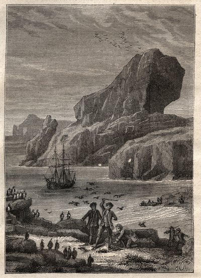 कैप्टन जेम्स कुक (1728-1779) द्वारा तीसरी यात्रा (1776-1779): केर्गुएलन के द्वीप (केर्गुएलन द्वीपसमूह, अंटार्कटिका) - "18 वीं शताब्दी के महान नाविक" से लिया गया चित्रण। द्वारा अज्ञात कलाकार