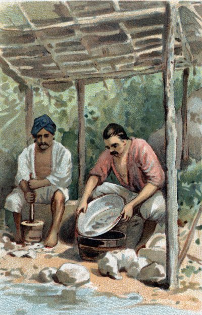 मलक्का (मलाका), मलेशिया में टिन स्क्रबर। 19 वीं शताब्दी के उत्तरार्ध की क्रोमोलिटोग्राफी। द्वारा अज्ञात कलाकार