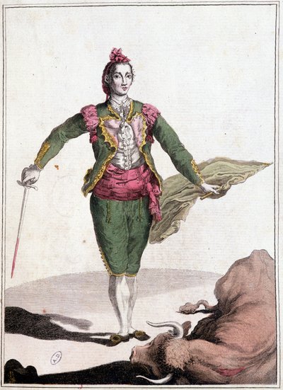 1825 में बैल को उखाड़ फेंकने के बाद प्रसिद्ध जोकिन कोस्टिलारेस, टोरेडोर पोशाक। द्वारा अज्ञात कलाकार