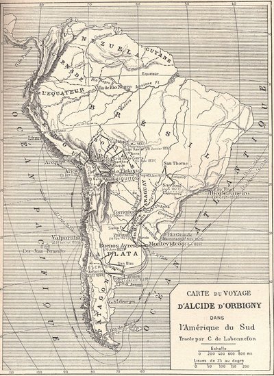 दक्षिण अमेरिका में Alcide d'Orbiny का यात्रा मानचित्र द्वारा अज्ञात कलाकार