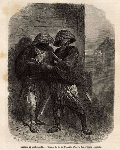 दो रोनिन (समुराई ने अपने मालिक को खो दिया) घात में खड़े थे। 1863-1864 में, स्विस परिसंघ के मंत्री एमे हम्बर्ट द्वारा जापान की यात्रा को चित्रित करने के लिए, "" ले टूर डू मोंडे, नोव्यू जर्नल डेस वॉयेजेस "" में डायरेक्ट के तहत प्रकाशित कि द्वारा अज्ञात कलाकार