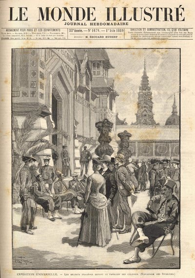 सार्वभौम प्रदर्शनी १८८९ - औपनिवेशिक मंडप के सामने स्वदेशी सैनिक (एस्प्लेनेड डेस इनवैलिड्स)। 06/01/1889 से "" ले मोंडे इलस्ट्र्रे "" को कवर करें। द्वारा अज्ञात कलाकार