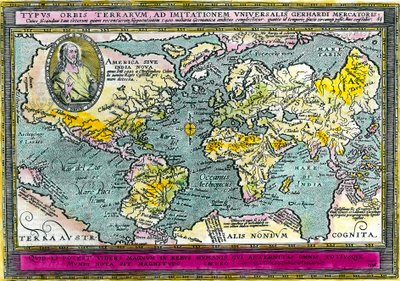1596 का सार्वभौमिक भौगोलिक मानचित्र (विश्व मानचित्र)। उत्कीर्णन। निजि संग्रह। द्वारा अज्ञात कलाकार