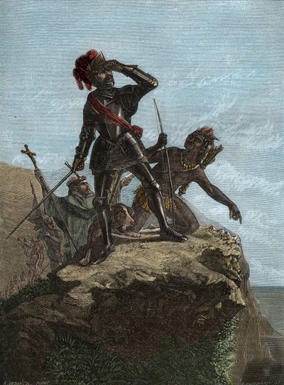 VASCO NUNEZ de BALBOA (1475-1519) - स्पेनिश खोजकर्ता - 1513 में प्रशांत महासागर की खोज करने वाला Balboa - Conquete de l'Ouest: 1513 में Vasco Nunez de Balboa द्वारा प्रशांत महासागर की खोज योग्य - श्री उरदनेटा द्वारा पेंटिंग के बाद उत्कीर्णन द्वारा अज्ञात कलाकार