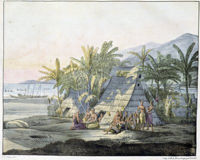 सैंडविच द्वीप समूह में देखें - "" विषुव क्षेत्रों के दृश्य और परिदृश्य, दुनिया भर की यात्रा में एकत्रित"", एसडी। 19वीं सदी की शुरुआत द्वारा अज्ञात कलाकार