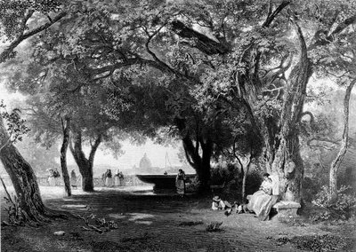 Pincio से रोम का दृश्य जहां Villa Medici खड़ा है। पृष्ठभूमि में हम सेंट पीटर का गुंबद देखते हैं। उत्कीर्णन, लगभग 1840। द्वारा अज्ञात कलाकार
