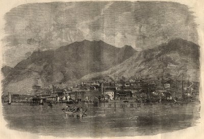 हांगकांग में विक्टोरिया सिटी का दृश्य। 14 मार्च के "" द इलस्ट्रेटेड लंदन न्यूज "" में उत्कीर्णन द्वारा अज्ञात कलाकार