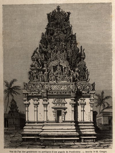 पांडिचेरी शिवालय (पांडिचेरी) (भारत) के गोम्ब्रून या पोर्टिको में से एक का दृश्य। डिपो डेस कार्टेस के निदेशक काउंटरएडमिरल पेरिस द्वारा १८३८ से १८४४ तक चिलंबरन (कोरोमंडल कोटे) के शिवालय में एक अभियान को चित्रित करने के लिए उत्कीर्णन द्वारा अज्ञात कलाकार