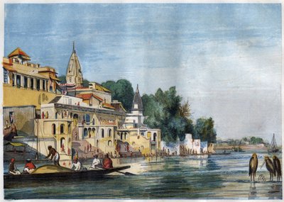 1857 में भारत के कानपुर (कानपुर) में गंगा पर सुट्टी चौरा घाट का दृश्य। द्वारा अज्ञात कलाकार