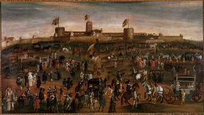 मिलान शहर का दृश्य, Sforza के महल का (castello Sforzesco) और गाड़ियों का यातायात 1660-1670 के आसपास बेनामी पेंटिंग मिलान, म्यूजियो डि मिलानो द्वारा अज्ञात कलाकार
