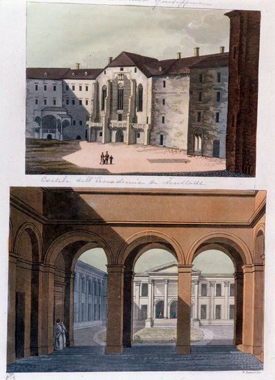 Academie de Neustadt के आंगन और वियना में सार्वजनिक स्नानघर का दृश्य। 1826 निजी संग्रह से ऑस्ट्रिया उत्कीर्णन En द्वारा अज्ञात कलाकार