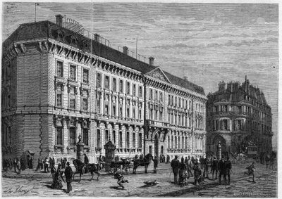 पेरिस में गेब्रियल क्रेटिन (1812-1883) द्वारा निर्मित बांके डी फ्रांस के अग्रभाग का दृश्य, रुए क्रॉइक्स डेस पेटिट्स चैंप्स द्वारा अज्ञात कलाकार