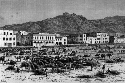 एबिसिनिया में अदन के मार्च का दृश्य। 1880 के आसपास उत्कीर्णन द्वारा अज्ञात कलाकार