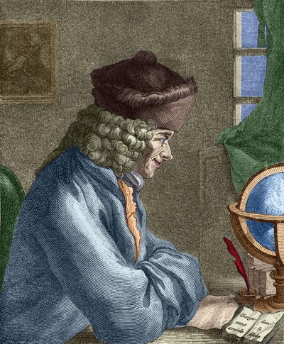 वोल्टेयर (1694-1778) वर्ने में अपने कार्यालय में। द्वारा अज्ञात कलाकार