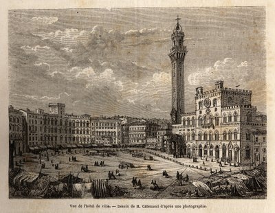 सिएना के टाउन हॉल स्क्वायर का दृश्य, 1865 में सिएना (इटली) की यात्रा को चित्रित करने के लिए उत्कीर्णन, "दुनिया भर में, नई यात्रा पत्रिका" में एडौर्ड चार्टन के निर्देशन में प्रकाशित द्वारा अज्ञात कलाकार