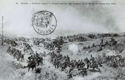 1870 का युद्ध: बवेरियन तोपखाने 01/09/1870 को अर्देनेस में मार्फे की ऊंचाई से स्थिति लेते हुए। 1870 . से उत्कीर्णन द्वारा अज्ञात कलाकार