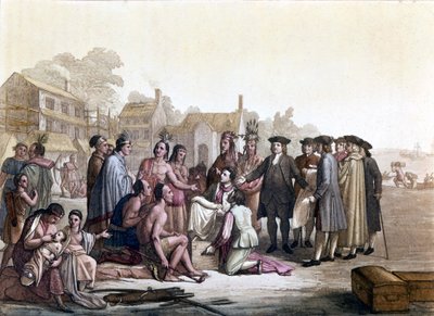 विलियम (गिलौम) पेन (1644-1718), एक अंग्रेजी क्वेकर, अमेरिका के भारतीयों के साथ भूमि के अधिग्रहण से संबंधित है - उन्होंने इस प्रकार पेंसिल्वेनिया और फिलाडेल्फिया शहर की नींव रखी - चित्रण "" पुरानी और आधुनिक पोशाक "में जूल्सो द्वारा "&quo द्वारा अज्ञात कलाकार
