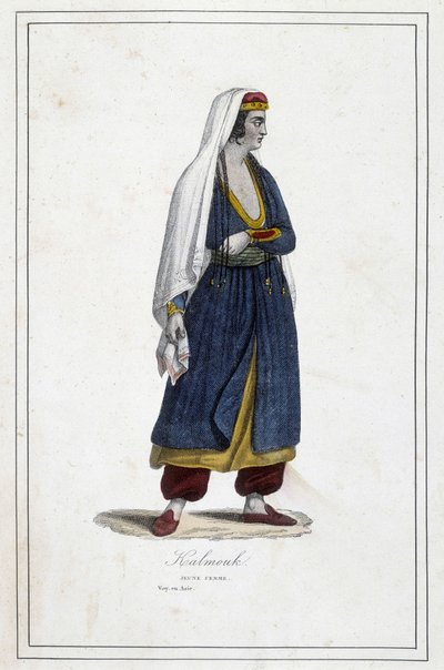 युवा कलमौक महिला (दक्षिणी साइबेरिया के मंगोलियाई लोग) - फादर द्वारा "" पृथ्वी के विभिन्न लोग" में। जौहनौद, लाइब्रेरी डेस बॉन्स लिवरेस, लिमोगेस द्वारा अज्ञात कलाकार