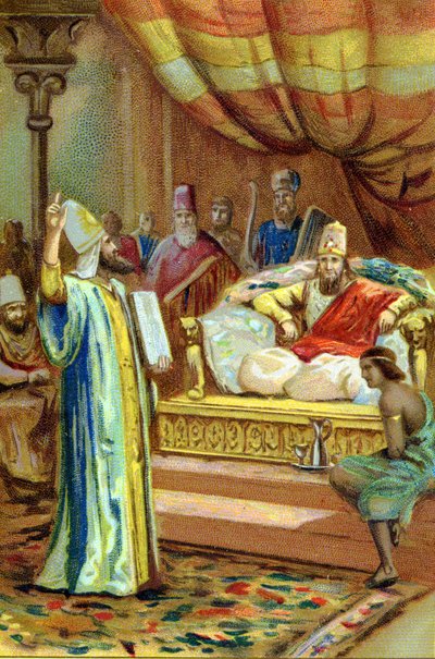 बैक्ट्रेस के राजा के दरबार में जरथुस्त्र (जरथुस्त्र, जरथुस्त्र, जरथुस्त्र या जोरोस्त्र), ईरानी पैगंबर और धार्मिक सुधारक (6 वीं शताब्दी ईसा पूर्व)। 19वीं सदी के क्रोमोलिथोग्राफ। द्वारा अज्ञात कलाकार