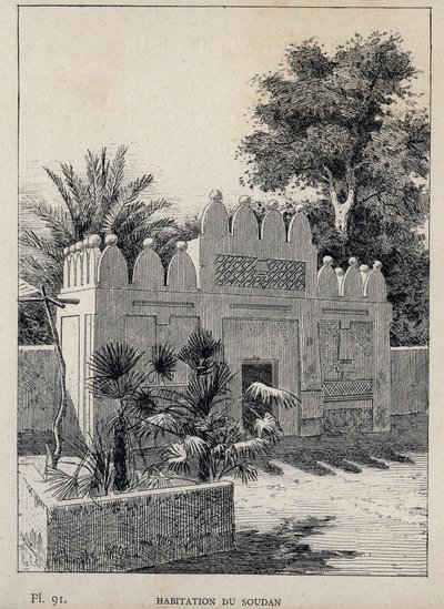 हैबिटेशन डू सूडान (सूडान) - मिस्टर चार्ल्स गार्नियर द्वारा "1889 की सार्वभौमिक प्रदर्शनी में मानव आवास का इतिहास" में 1889 का उत्कीर्णन - लाइब्रेरी सेंट्रेल डेस बीक्स-आर्ट्स पेरिस 1889 द्वारा अज्ञात कलाकार