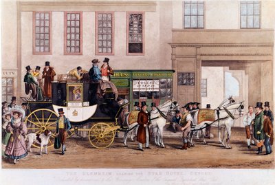 1831 में ऑक्सफोर्ड में स्टार होटल के सामने एक डिलिजेंस"""19वीं शताब्दी की नक्काशी। द्वारा अज्ञात कलाकार