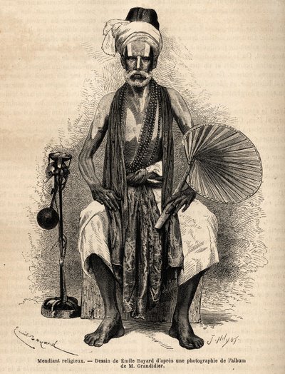 एक हिंदू धार्मिक भिखारी। 1862-1864 में अल्फ्रेड ग्रैंडिडियर द्वारा भारत के मेरिडियन प्रांतों में यात्रा को चित्रित करने के लिए उत्कीर्णन, "ले टूर डू मोंडे"" 1869 में प्रकाशित, एडौर्ड चार्टन द्वारा संपादित, संस्करण हैचेट, पेरिस। सेल्वा संग्रह द्वारा अज्ञात कलाकार