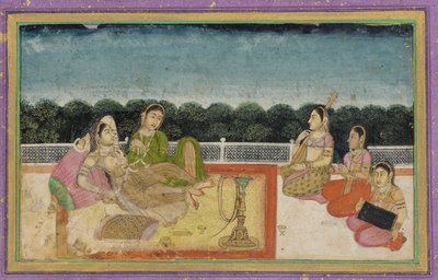 शाम के समय छत पर एक महिला और परिचर, तीन महिला संगीतकारों के साथ द्वारा अज्ञात कलाकार