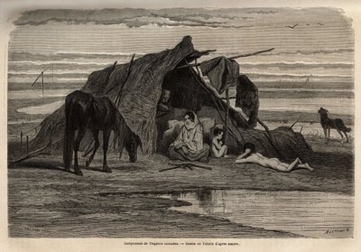 उत्तरी बोस्निया के मैदानी इलाकों में खानाबदोश जिप्सियों का एक शिविर। 1868 में जॉर्जेस पेरोट द्वारा दक्षिणी स्लावों के बीच यात्रा की यादों को चित्रित करने के लिए उत्कीर्णन, "ले टूर डू मोंडे" 1870-1871 में प्रकाशित, एडौर्ड चार्टन द्वारा संपादित, सं द्वारा अज्ञात कलाकार