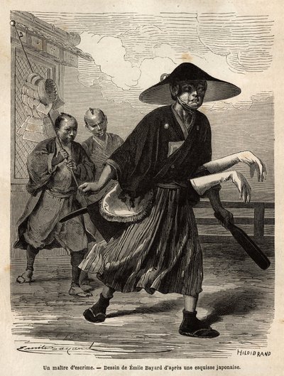 एक बाड़ लगाने वाला मास्टर, उसके बाद दो सहायक जो उसकी सामग्री पहनते हैं, मास्टर अपने तलवारों की आस्तीन पर अपने सफेद दस्ताने स्लाइड करता है। 1863-1864 में स्विस परिसंघ के मंत्री ऐम हम्बर्ट द्वारा जापान की यात्रा को चित्रित करने के लिए उत्कीर्णन, "ले टू& द्वारा अज्ञात कलाकार