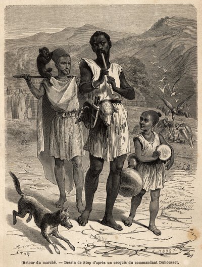 एक बांसुरी वादक, एक छोटा ड्रमर और एक मंकी शो के साथ; दो भेड़ के सिर बैंड के नेता की बेल्ट से लटके हुए थे, उनका रात का खाना होगा। 1 में भूमध्यसागरीय और जुजुरा के बीच, महान काबिली के भ्रमण को चित्रित करने के लिए उत्कीर्णन द्वारा अज्ञात कलाकार