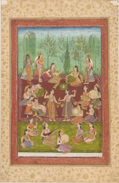 एक बगीचे में महिलाओं का एक समूह संगीत और नृत्य से अपना मनोरंजन कर रहा है द्वारा अज्ञात कलाकार