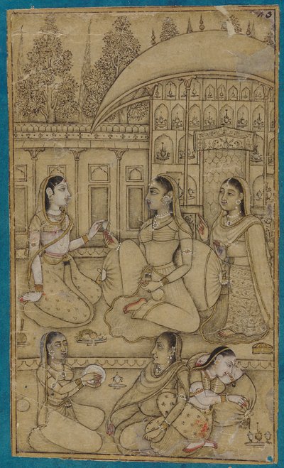 एक महिला और परिचारिकाएँ एक आँगन में बैठी हैं द्वारा अज्ञात कलाकार