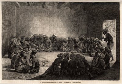तुर्कमेन्स (इराक) में भोजन। 1863 में मध्य एशिया की यात्रा को चित्रित करने के लिए एमिल बेयार्ड (1837-1891) द्वारा चित्रण, अर्मिनियस वाम्बरी (दरवेश में हंगेरियन वैज्ञानिक भेस) द्वारा। एडौर्ड चार्टन द्वारा संपादित "" ले टूर डू मोंडे "" में द्वारा अज्ञात कलाकार