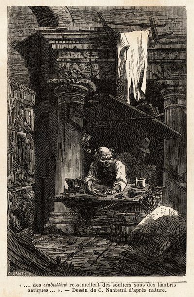 एक थानेदार, जिसने अपनी दुकान स्थापित की और प्राचीन खंडहरों में काम करता है। 1864-1868 में फ्रांसिस वे द्वारा एनग्रेव्योर पे इलस्ट्रेटर ले वॉयेज ए रोम, "ले टूर डू मोंडे"" 1869 में प्रकाशित, एडौर्ड चार्टन द्वारा संपादित, संस्करण हैचेट, पेरिस।  द्वारा अज्ञात कलाकार