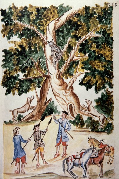 एक जंगली बिल्ली एक पेड़ पर बैठती है, शिकारी इसका इंतजार करते हैं, "ट्रुजिलो डेल पेरू" या "कोडिस मार्टिनेज कॉम्पैनोन" पुस्तक से, ट्रुजिलो के बिशप (1782-1785) बाल्टाजार मार्टिनेज कॉम्पैनोन वाई बुजांडा द्वारा। द्वारा अज्ञात कलाकार